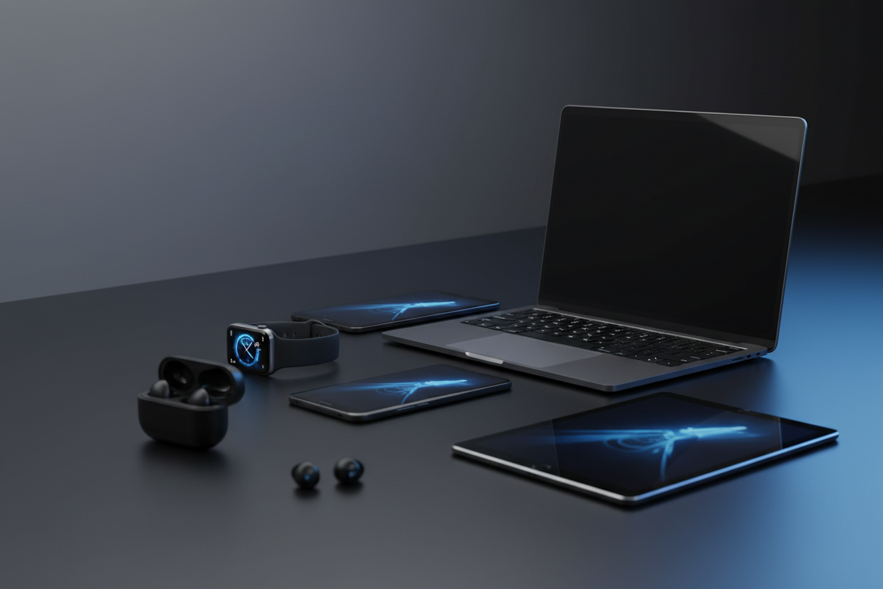 Modern tech gadgets banner for electronics store, professional, sleek design